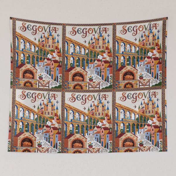 Item preview, Segovia Spain Embroidered Travel Art - Roman Aqueduct & Alcazar Castle Stitched Poster designed and sold by Witsprings.