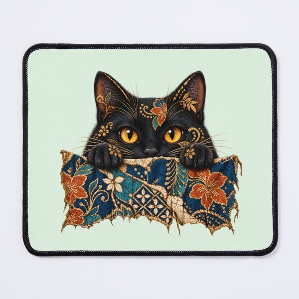 Item preview, Peeking Black Cat Batik Floral Art – Vintage Boho Cat Design designed and sold by MG Aura.