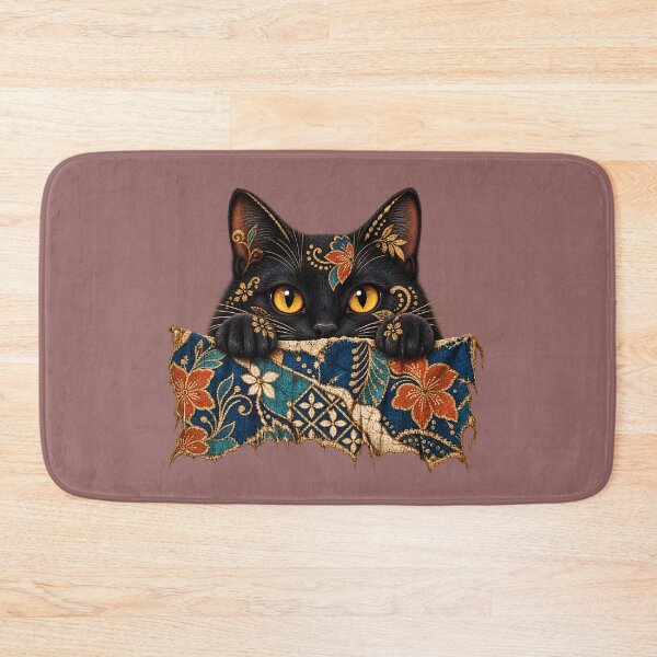 Item preview, Peeking Black Cat Batik Floral Art – Vintage Boho Cat Design designed and sold by MG Aura.