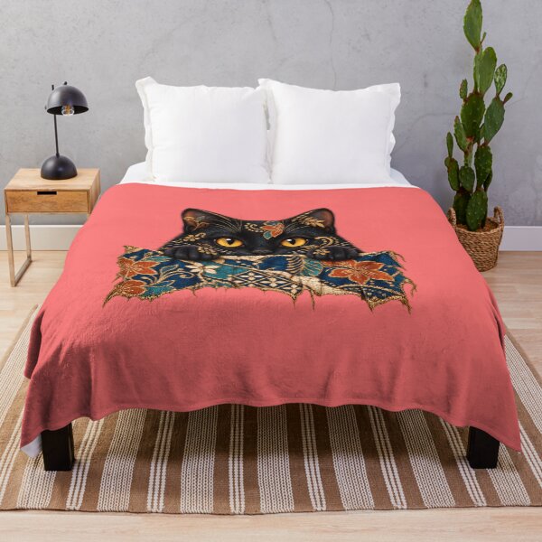 Item preview, Peeking Black Cat Batik Floral Art – Vintage Boho Cat Design designed and sold by MG Aura.
