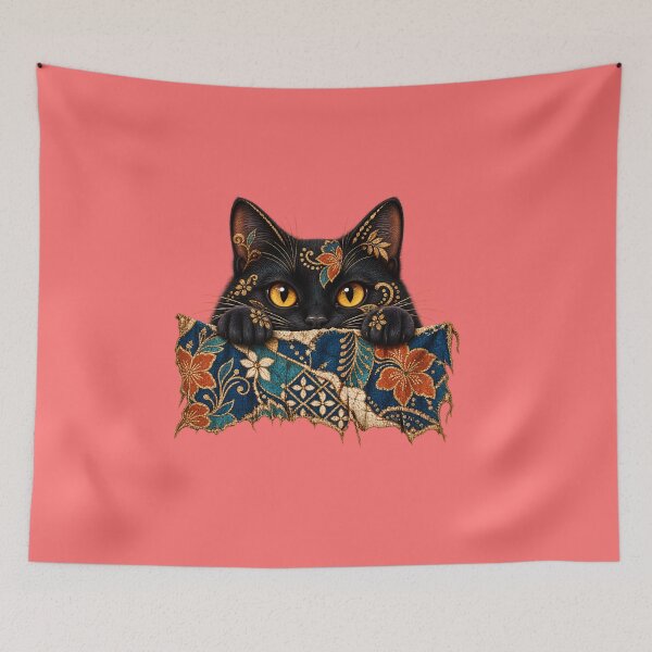 Item preview, Peeking Black Cat Batik Floral Art – Vintage Boho Cat Design designed and sold by MG Aura.