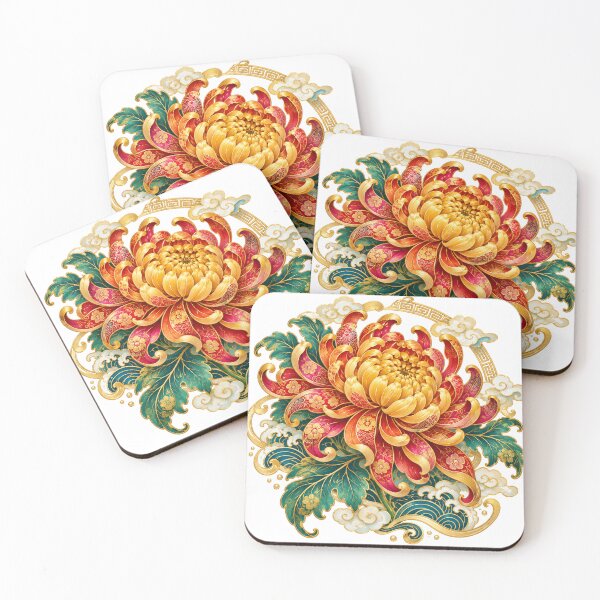 Item preview, Golden Chrysanthemum – Chinese floral ornament in red and turquoise designed and sold by Kallandra.