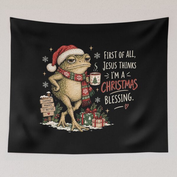 Item preview, Funny Christmas Frog, Jesus Christmas Blessing, Christian Holiday Quote, Cute Cottagecore Frog with Coffee, Festive Gift for Women designed and sold by Quiajia.