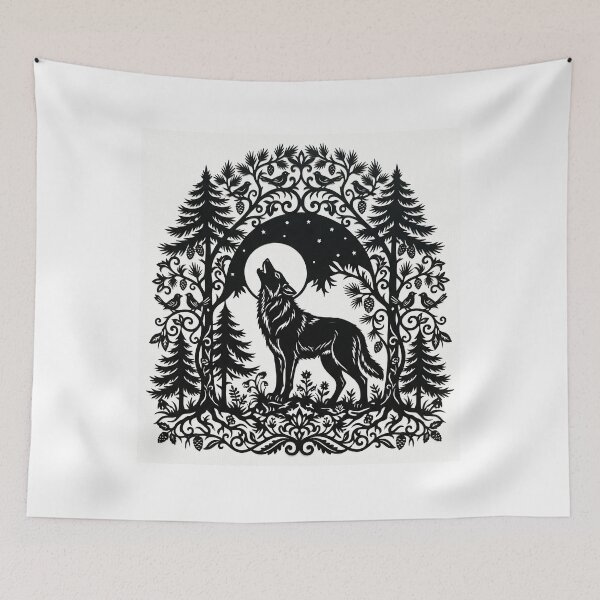 Item preview, Wolf And Moon Folk Art Papercut Silhouette designed and sold by The Mellonaire.