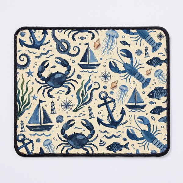 Item preview, Nautical Watercolor Pattern - Blue Crabs, Lobsters & Sailboats Seamless Print designed and sold by dalilashops.