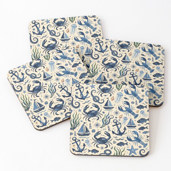 Item preview, Nautical Watercolor Pattern - Blue Crabs, Lobsters & Sailboats Seamless Print designed and sold by dalilashops.