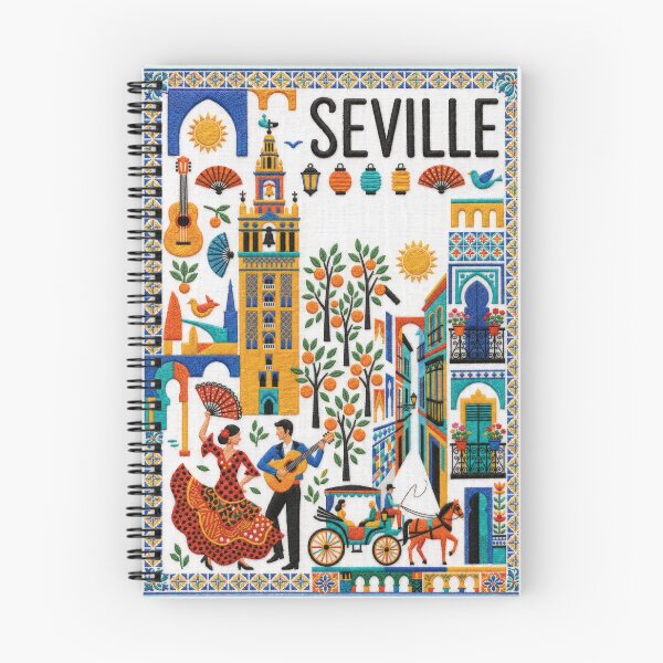 Item preview, Seville Spain Embroidered Travel Art - Giralda Tower & Flamenco Stitched Poster designed and sold by Witsprings.