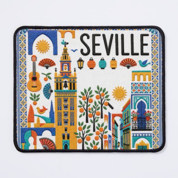 Item preview, Seville Spain Embroidered Travel Art - Giralda Tower & Flamenco Stitched Poster designed and sold by Witsprings.