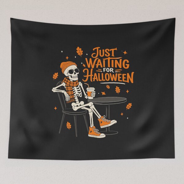 Item preview, Just Waiting For Halloween Skeleton Orange Beanie Drinking Coffee Autumn Cute designed and sold by alenaz.