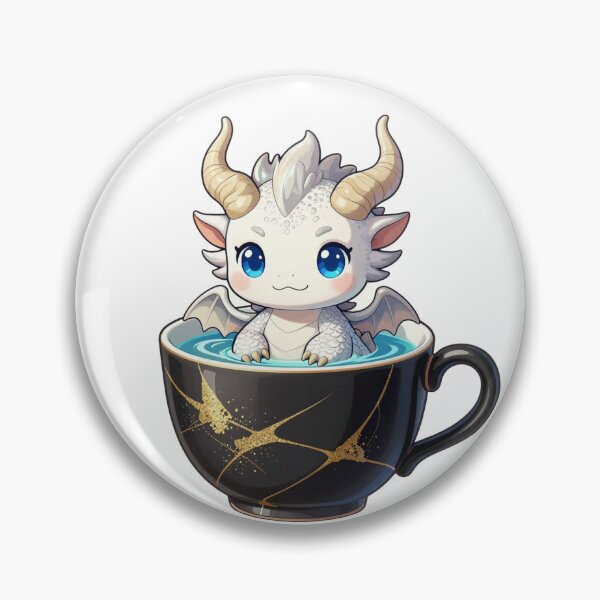 Item preview, cute baby white dragon in kintsugi teacup fantasy chibi designed and sold by WildArtIT.