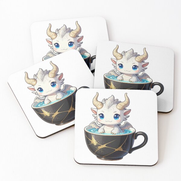Item preview, cute baby white dragon in kintsugi teacup fantasy chibi designed and sold by WildArtIT.