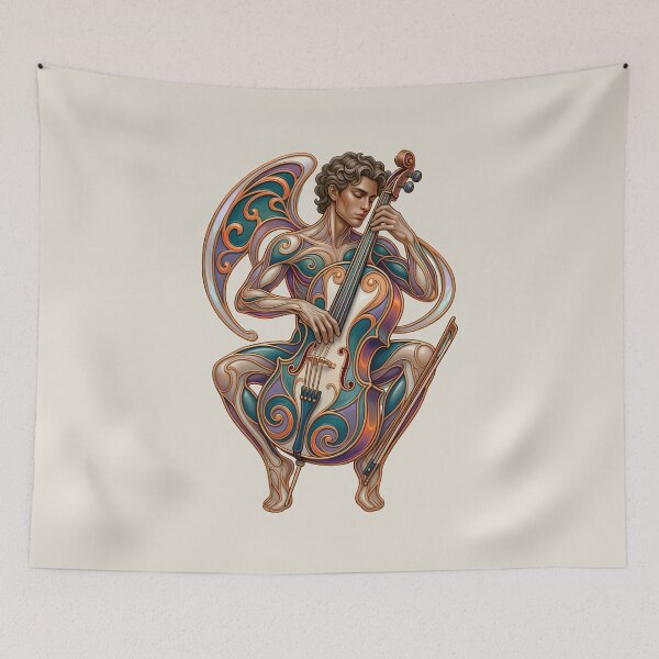 Item preview, The Cellist's Flight - Art Nouveau Musician Illustration designed and sold by Rocky Mountain Artistry.