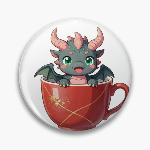 Item preview, cute baby green dragon in red kintsugi teacup fantasy chibi designed and sold by WildArtIT.