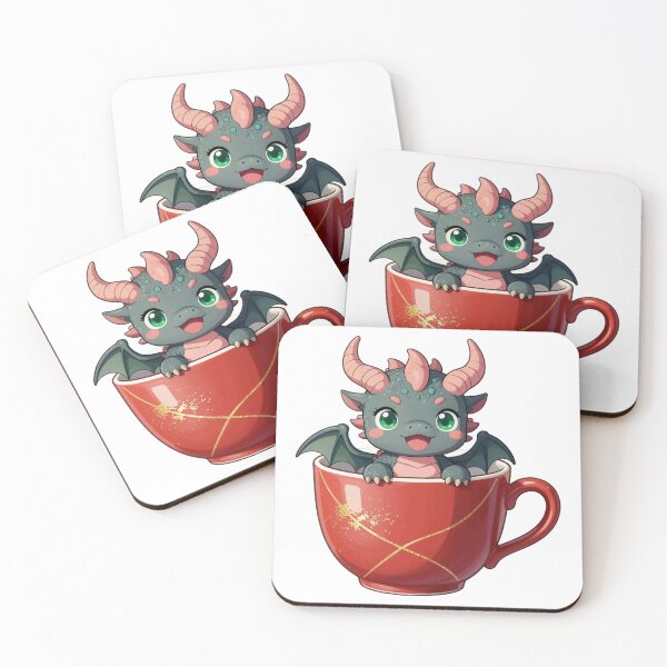 Item preview, cute baby green dragon in red kintsugi teacup fantasy chibi designed and sold by WildArtIT.