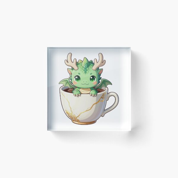 Item preview, cute baby forest green dragon in white kintsugi teacup fantasy chibi designed and sold by WildArtIT.