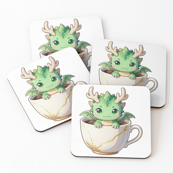 Item preview, cute baby forest green dragon in white kintsugi teacup fantasy chibi designed and sold by WildArtIT.