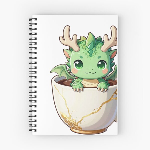 Item preview, cute baby forest green dragon in white kintsugi teacup fantasy chibi designed and sold by WildArtIT.
