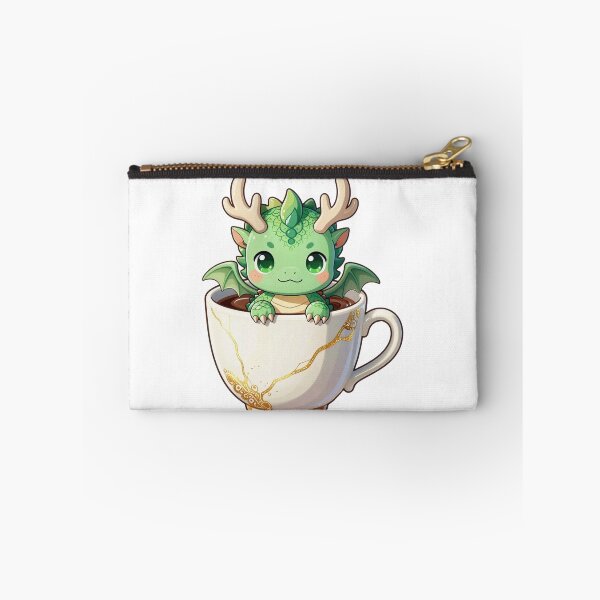 Item preview, cute baby forest green dragon in white kintsugi teacup fantasy chibi designed and sold by WildArtIT.