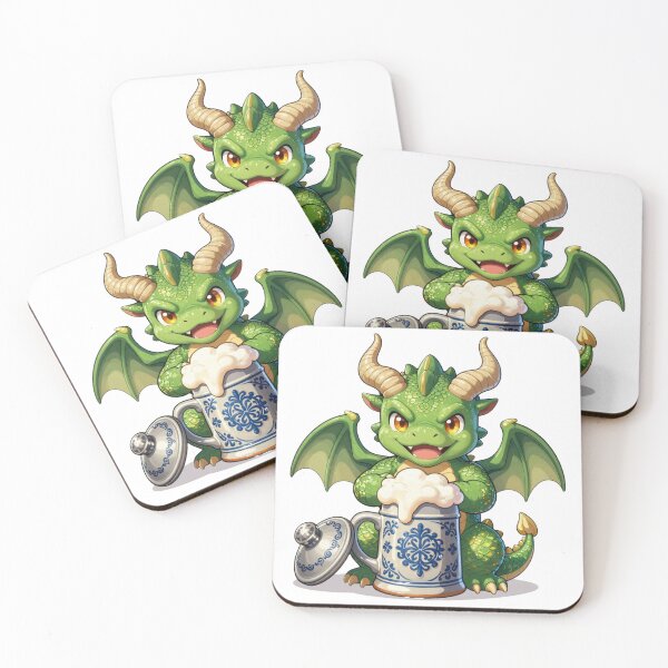 Item preview, cute green baby dragon with traditional german beer stein chibi designed and sold by WildArtIT.