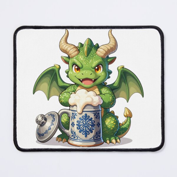 Item preview, cute green baby dragon with traditional german beer stein chibi designed and sold by WildArtIT.