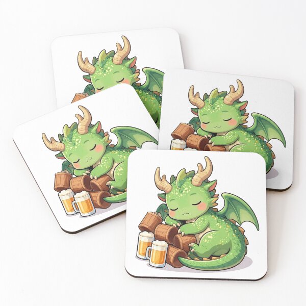 Item preview, cute sleeping green dragon with beer barrels fantasy chibi designed and sold by WildArtIT.