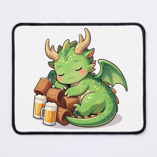 Item preview, cute sleeping green dragon with beer barrels fantasy chibi designed and sold by WildArtIT.