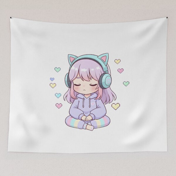Item preview, Pastel Kawaii Girl Meditating with Cat Headphones and LoFi Vibes designed and sold by VibranPalette.
