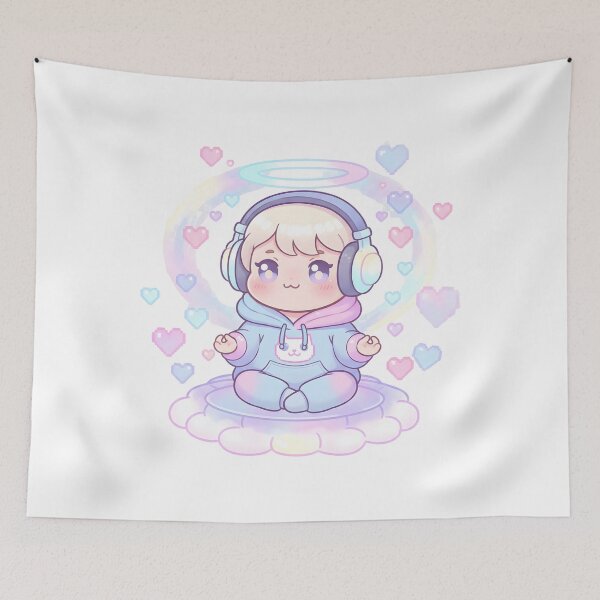Item preview, Kawaii Pastel Meditation Baby Angel with Headphones designed and sold by VibranPalette.