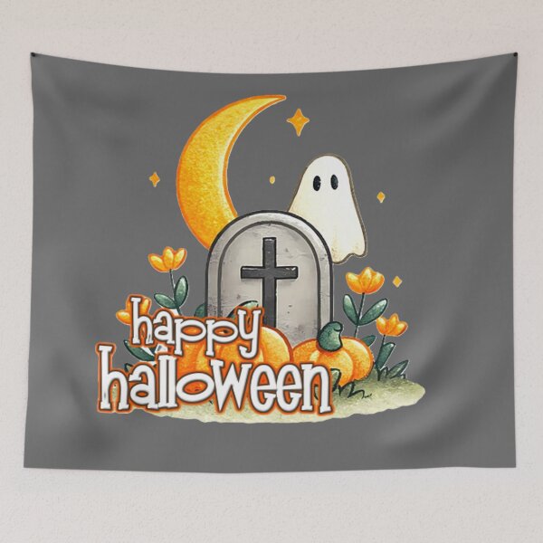 Item preview, happy halloween gravestone ghost colorful halloween holiday typographic design designed and sold by SmashingDeals.