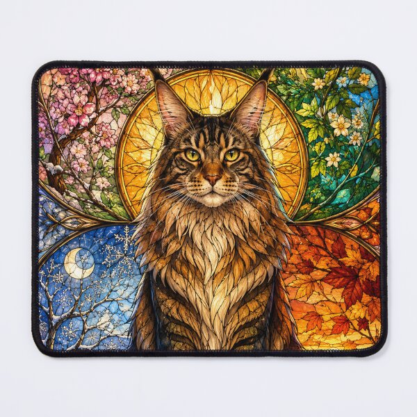 Item preview, The Maine Coon of the Four Seasons – Royal feline in stained glass designed and sold by Pixel Otaku Gallery.