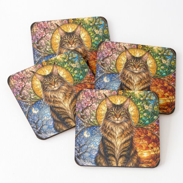 Item preview, The Maine Coon of the Four Seasons – Royal feline in stained glass designed and sold by Pixel Otaku Gallery.
