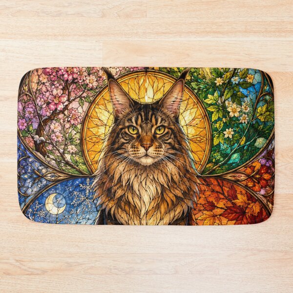Item preview, The Maine Coon of the Four Seasons – Royal feline in stained glass designed and sold by Pixel Sakura Gallery.