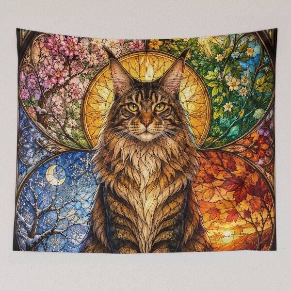 Item preview, The Maine Coon of the Four Seasons – Royal feline in stained glass designed and sold by Pixel Otaku Gallery.