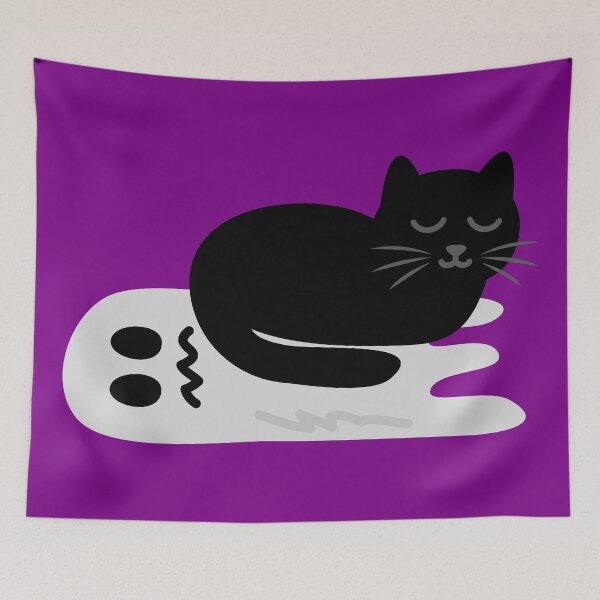 Aperçu de l'œuvre Chat noir d'Halloween drôle - Chat dormant sur un fantôme aplati créée et vendue par fishdesigns.