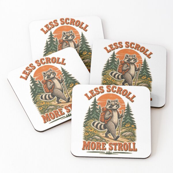 Item preview, Less Scroll More Stroll — Retro Hiking Raccoon. designed and sold by CarrotBadminton.