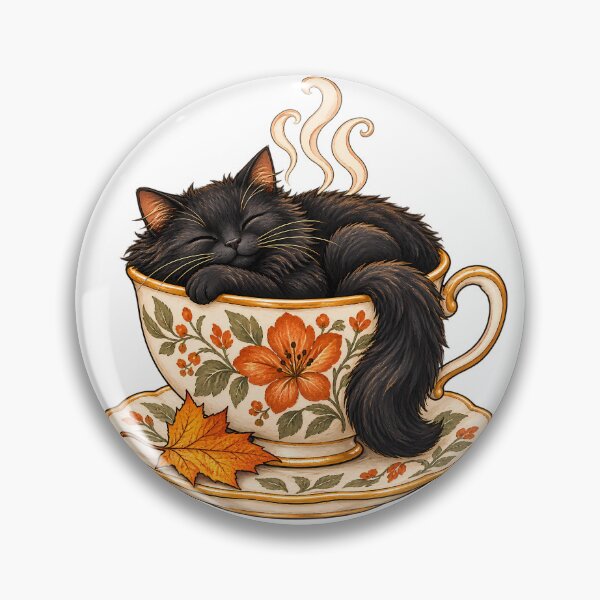 Artikelvorschau, Schwarze Katze in einer geblümten Teetasse – Gemütliche Herbstillustration entworfen und verkauft von Natrix Art Design.