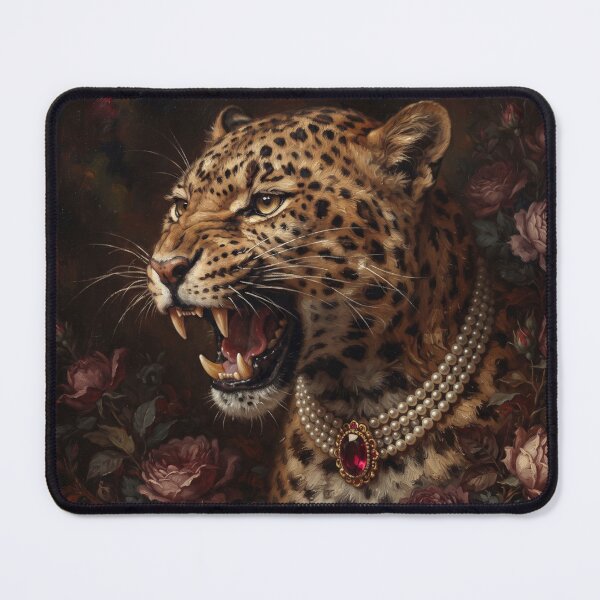 Item preview, Snarling Leopard Portrait with Ruby Pearl Necklace designed and sold by Real Beast Art.