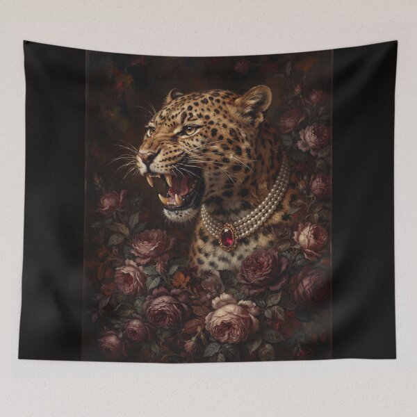 Item preview, Snarling Leopard Portrait with Ruby Pearl Necklace designed and sold by Real Beast Art.