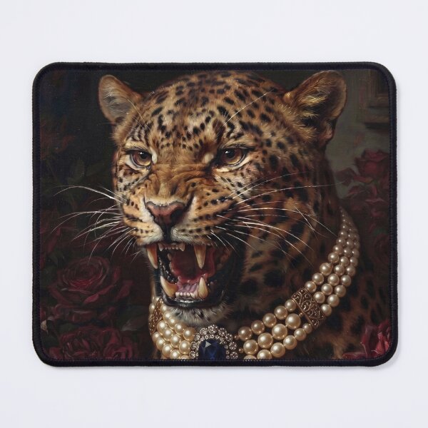 Item preview, Snarling Leopard Portrait with Sapphire Pearl Necklace designed and sold by Real Beast Art.