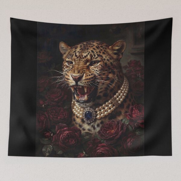 Item preview, Snarling Leopard Portrait with Sapphire Pearl Necklace designed and sold by Real Beast Art.