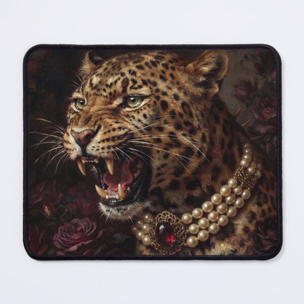 Item preview, Snarling Leopard Portrait with Garnet Pearl Necklace designed and sold by Real Beast Art.