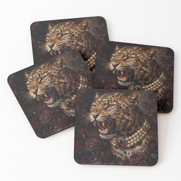Item preview, Snarling Leopard Portrait with Garnet Pearl Necklace designed and sold by Real Beast Art.