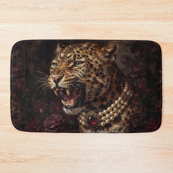 Item preview, Snarling Leopard Portrait with Garnet Pearl Necklace designed and sold by Real Beast Art.
