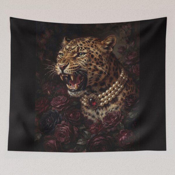 Item preview, Snarling Leopard Portrait with Garnet Pearl Necklace designed and sold by Real Beast Art.