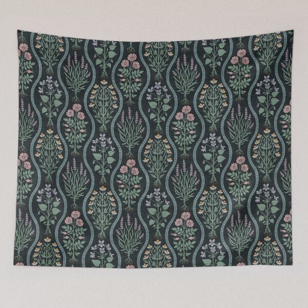 Item preview, Vintage Herbarium Botanical Cottage Plants In Sage Green On Dark Muted Teal  designed and sold by EliveraDesigns.