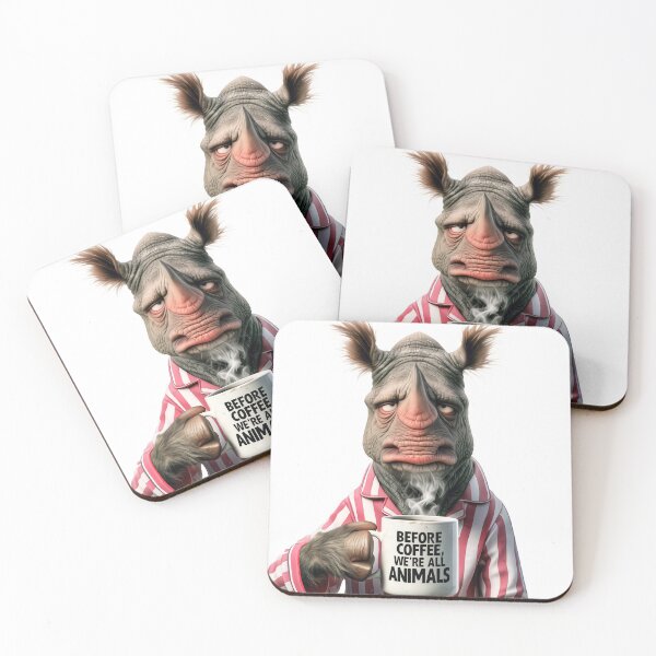 Item preview, Before Coffee We’re All Animals – Grumpy Rhinoceros designed and sold by AI-lineDesign.
