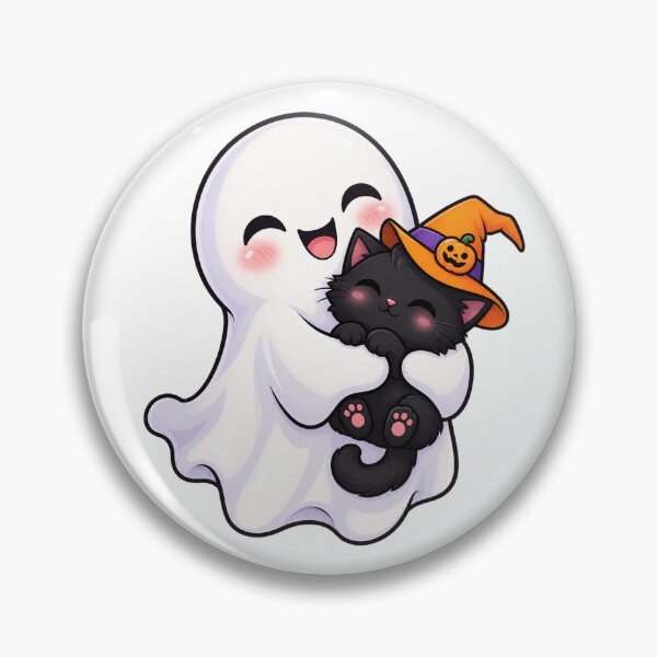 Item preview, Cute Ghost Cuddling a Black Cat – Kawaii Halloween designed and sold by DavidH0918.