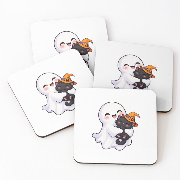 Item preview, Cute Ghost Cuddling a Black Cat – Kawaii Halloween designed and sold by DavidH0918.