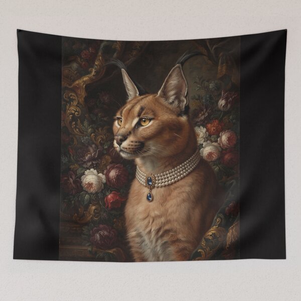 Item preview, Noble Caracal Portrait with Sapphire Pearl Necklace designed and sold by Real Beast Art.