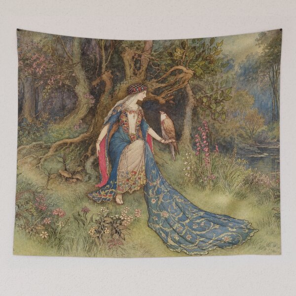 Item preview, Fairy Tale Wall Art, Lady and Hawk Vintage Fantasy Print, Warwick Goble Storybook Illustration designed and sold by RickE.